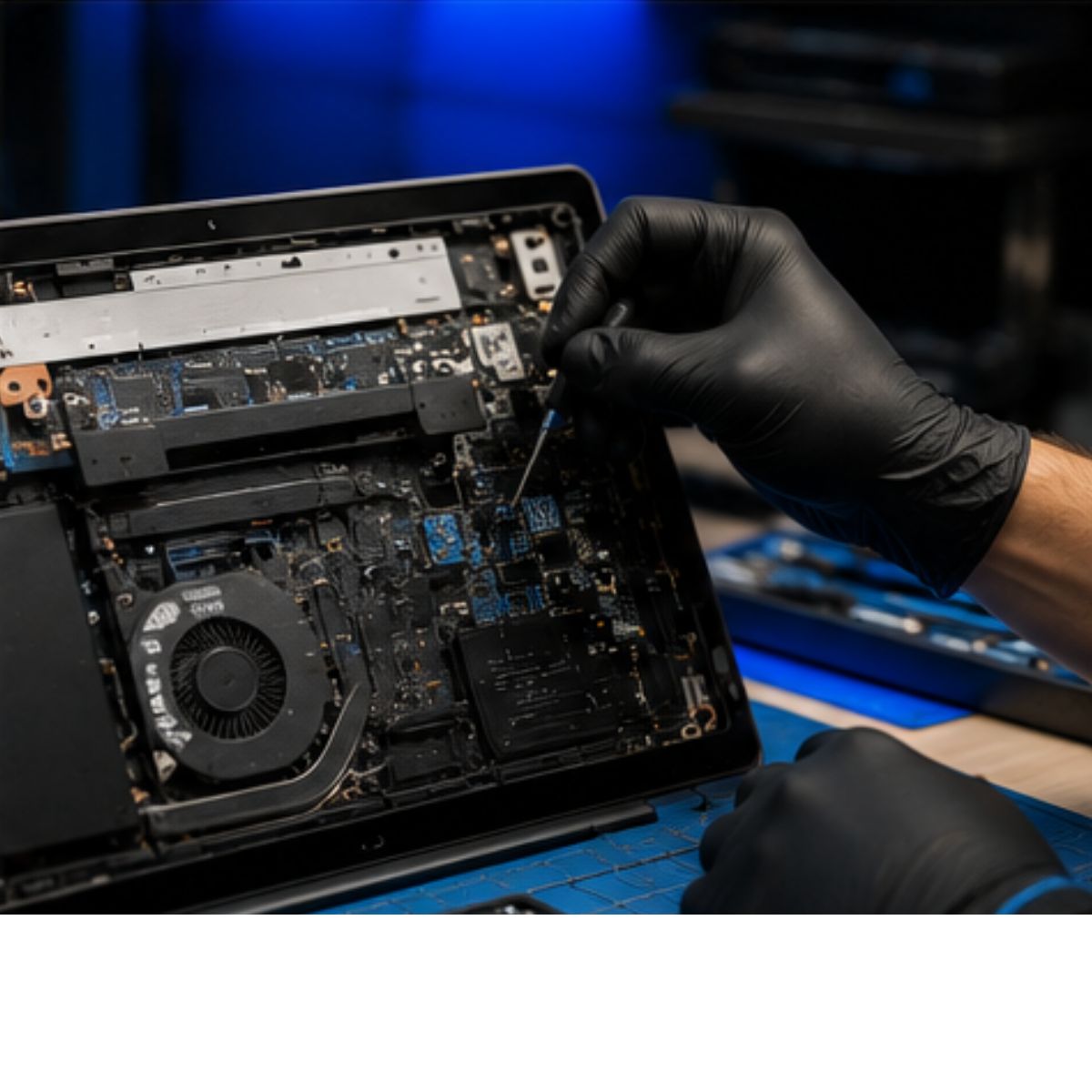 Técnico realizando manutenção interna em um notebook