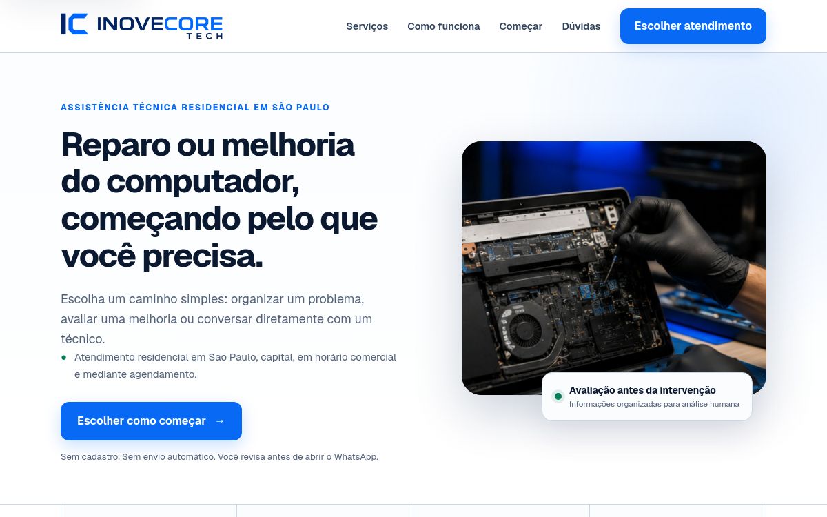 Página inicial real da Inove Core Tech